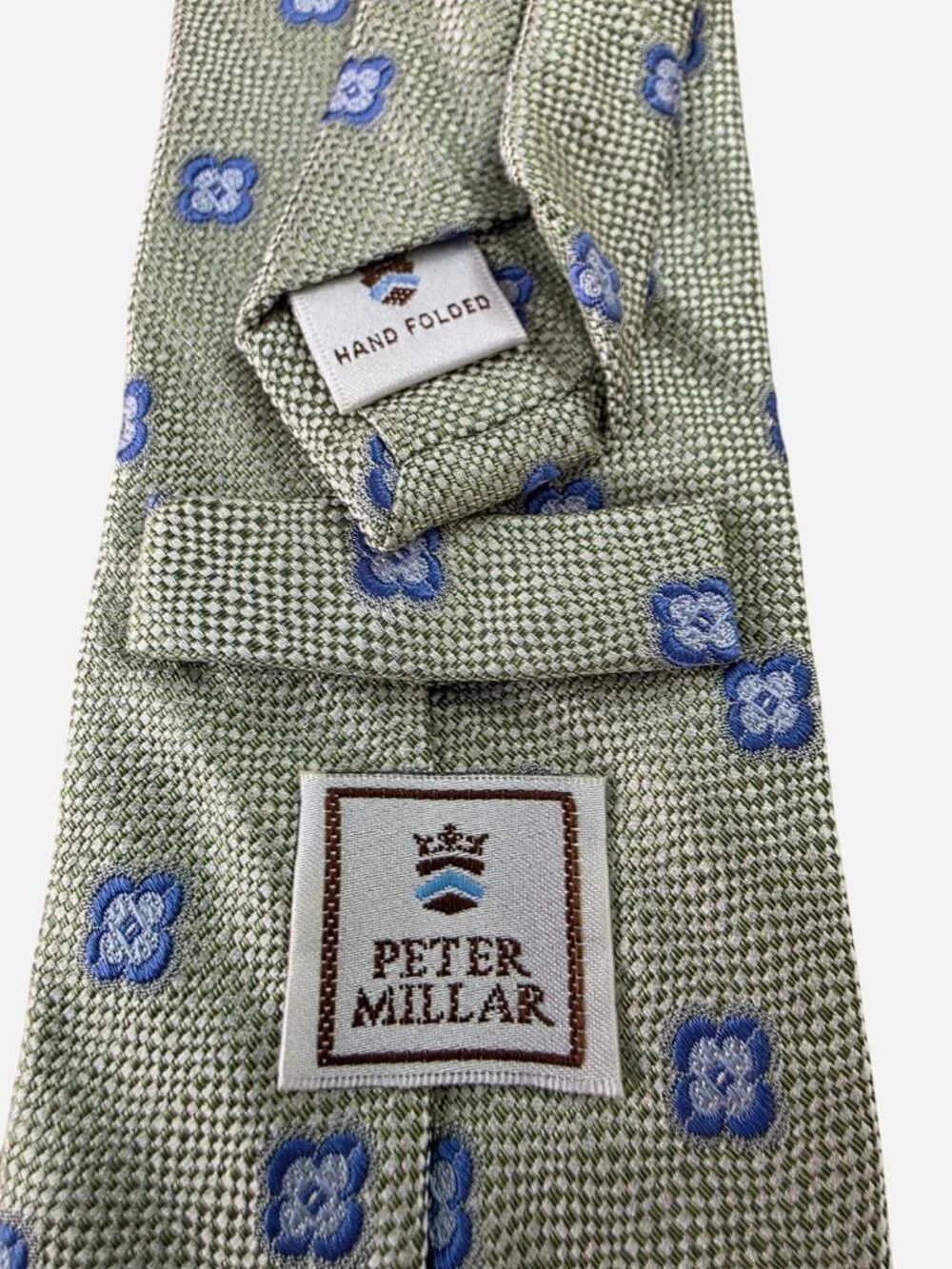 Peter Millar Handfolded Silk Tie Sage Green Blue Medallion Woven Texture 3.25x60